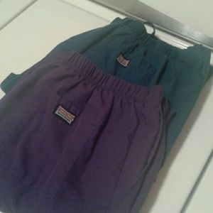 Purple and teal scrub pants